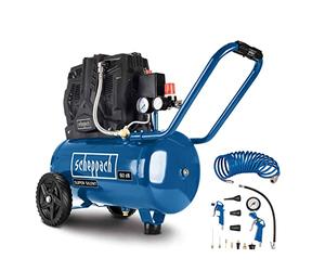 Scheppach Compresseur Bicylindre Super Silencieux HC25Si | 1100W | Cuve 24L | 8bar | Sans Huile & peu d'entretien | Admission d'air 230 L/min | Raccords rapides | Transport facile + 13 Accessoires