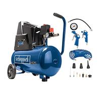 Scheppach HC25o Compresseur sans huile avec réduction de pression - 1100 W - 24 l - 8 bar - Capacité d’aspiration : 165 l/min Inclus : 13 outils à air comprimé + 5 m de tuyau en spirale (mini).