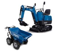 Scheppach Mini-Pelle EXC815 + Benne motorisée DP3000 - Moteur 4 Temps - Largeur du Godet 290 mm - portée 2330 mm - Volume de la Benne 125L - Charge Max 300 kg