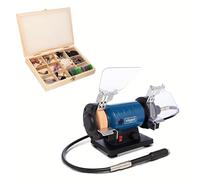 Scheppach Touret à Meuler double HG35 | 120W | Avec arbre flexible | Meule K120 et Disque à Polir K400 Ø75 mm | Pare-étincelles & Support de pièce | Coffret de 103 accessoires inclus