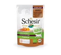 Schesir Bio - Aliment Complet Humide pour Chats Adultes stérilisés, pâté de Poulet et Porc avec Citrouille sans céréales - 16 sachets de 85 g (1,36 kg au Total)