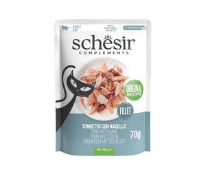 SCHESIR Complements Thon et merlu en gelée, sachet de nourriture humide complémentaire pour chats, 70 g