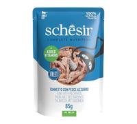 Schesir, Ton avec Poisson Bleu en gelée, Nourriture Humide complète pour Chat, enveloppe, vitamines ajoutées, 100% Naturel, 12 x 85 g