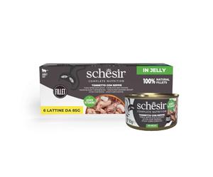 Schesir, Ton avec seiche en gélatine, Nourriture Humide complète pour Chats, en boîte, avec vitamines ajoutées, 100% Naturel, 6 x 85 g