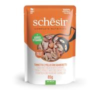 Schesir, Ton et Poulet avec crevettes en gelée, Nourriture Humide complète pour Chats, en enveloppe, ingrédients 100% naturels, sans cruauté 12 x 85 g