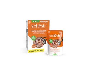 Schesir, Ton et Poulet avec crevettes en gelée, Nourriture Humide complète pour Chats, en enveloppe, ingrédients 100% naturels, sans cruauté 6 x 85 g