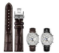 SCHIK Bracelet de montre en cuir de vachette avec boucle papillon, 19 mm, 20 mm, 21 mm, pour Longines Masters Collection L3 L4 L2.628/L2.673, bracelet de montre de rechange(Brown silver Folding,20mm)