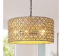 Schindora Boho Lustre Salon,45Cm 5-LumièRes Rotin et Bambou Suspension Luminaire Tissé à La Main Cuisine lampe Ferme E27 Luminaires IntéRieur Pour Chambre Salon Salle à Manger