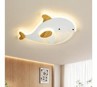 Schindora Plafonnier Chambre Enfant,Forme Dauphin Plafonnier Led Grain Blanc Et De Bois Cuisine Lampe,Dimmable Avec ContrôLe,28W Decoration Luminaires IntéRieur Pour Salon,50 * 34Cm