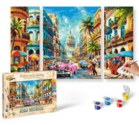 Schipper Peinture par numéros - Cuba Nostalgie - Tableaux de Peinture pour Adultes avec pinceaux et peintures acryliques, triptyque, 50 x 80 cm