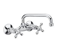 Schläfer - 3460111 Robinet mural de cuisine pour évier, bac à laver et lavabo de salle de bain mural avec 2 poignées antiques, bec pivotant universel en U 180mm - Robinet poignées Vintage Chrome