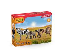Schleich Wild Life - Coffret avec 4 Animaux Sauvages à Collectionner Comprenant zèbre, Lion, éléphanteau et chimpanzé, Figurines Animaux pour Enfants de 3 Ans et Plus