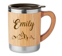 Schmalz® Gobelet isotherme à double paroi en bambou avec gravure gravée - En bois durable - Avec couvercle et ouverture pour boire - Bambou et acier inoxydable - 300 ml (gobelet avec anse)