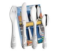 Schmalz Kuppels LES HÉROS DU CHANTIER Couverts pour enfant 4 pièces - En acier inoxydable avec gravure - Cuillère, fourchette, couteau, cuillère à café - Personnalisable - Cadeau de baptême et