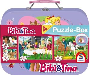 Schmidt Spiele 55609 Puzzle Bibi et Tina dans Un Coffret en métal, 2 x 100 et 2 x 150 pièces, Multicolore