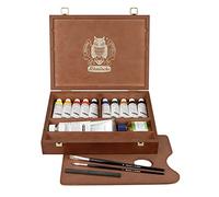 Schmincke - MUSSINI® - couleurs extra-fines à l'huile et résine pour artistes, Coffret en bois, 10 x 35 ml, 70 213 097, bois teinté noyer, contient aussi blanc 150 ml, fusain à dessin, 2 pinceaux daVinci, etc.