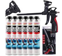 Schmith - Lot de 6 Colles de Montage pour Polystyrène + 1 Pistolet avec Valve - pour Fixation d'Éléments Légers, Collage de Plaques de Plâtre - 6 x 750 ml