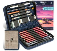SCHNAUD Kit de Dessin, 7 crayons, 2 broches de charbon, 3 gommes, extension de la broche, couteau de coupe, brosse et essuie-glace de papier, Cours en allemand
