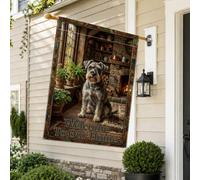 Schnauzer Dog Welcome Home Drapeau rustique Maison 71,1 x 101,6 cm | Drapeau de jardin Schnauzer, cheminée de chalet, bordure en vitrail, panneau de bienvenue, décoration d'intérieur rustique