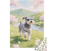 Schnauzer en Miniature Puzzle 1000 Pieces Cadeau Unique Fleur de Cerisier Stream Challenge Toy pour Adultes Et Enfants À Partir De 12 Ans 1000pcs (75x50cm)