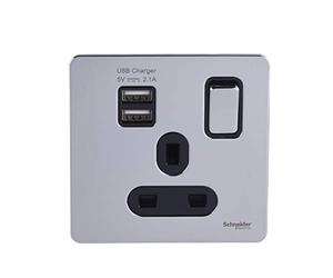 Schneider Electric GGBGU34102USBABPC - Plaque plate sans vis - Prise de courant unique avec ports de charge USB - Double pôle - 13 A - Chrome poli avec insert noir
