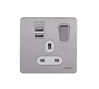 Schneider Electric Plaque plate sans vis ultime - Prise d'alimentation unique commutée avec ports de charge USB, double pôle, 13 A, GGBGU34102USBAWSS, en acier inoxydable avec insert blanc