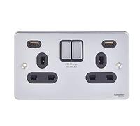 Schneider Electric Ultimate Low Profile - Double prise d'alimentation commutée, 13A avec 2 ports de chargement USB 4A, GGBGU3524DBBC, chrome brossé avec insert noir