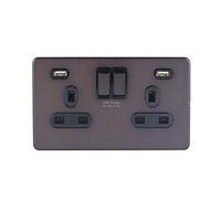 Schneider Electric Ultimate Plaque plate sans vis - Double prise de courant commutée, avec ports de charge USB, 13 A, GGBGU34202USBBDBP, bronze foncé avec insert noir