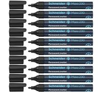 Schneider Maxx 230 Marqueur permanent, lot de 10, Noir | Pointe ogive, corps en aluminium, encre anti-dessiccation, rechargeable, épaisseur de trait de 1 à 3 mm