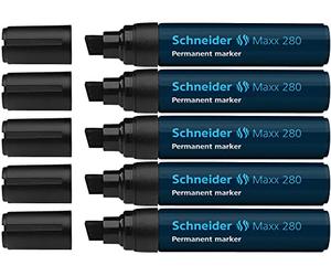 Schneider Maxx 280 Marqueur permanent, lot de 5, Noir | Pointe biseautée, épaisseur de trait 4+12 mm, rechargeable