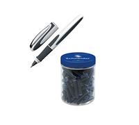 Schneider Ray Lot de 1 stylo roller (rechargeable avec des cartouches d’encres standard, convient pour gauchers et droitiers) Bleu foncé/gris clair + Lot de 100 cartouches standard en bleu effaçable