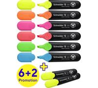 Schneider Job 150 Lot de 8 surligneurs (rechargeables et résistants à la lumière) Jaune (3x), orange, rose, vert, bleu, rouge