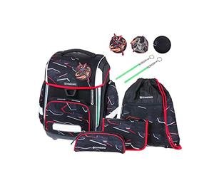 Schneiders 78395-080 - Cartable Ergolite Dragon Hero, ensemble 9 pièces avec cartable, trousse, sac à dos, sac de sport, 3 patchs et 2 bâtons lumineux