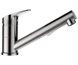 SCHOCK® Evinas Robinet de cuisine en acier inoxydable I Robinet haute pression avec douchette extensible I 137 mm de hauteur et 195 mm de saillie I Fonction de commutation entre le mode jet et le mode