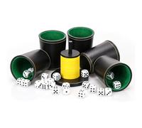 Schocken Lot de 5 gobelets en cuir, 25 cubes, couverts à chocs, en bois, avec 14 disques et support, couverts à chocs pour Jule Meiern Maxen, jaune et noir, 10 x 10 cm