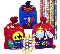 Schön detaillierte Sinterklaas-Geschenktüten (3 Stück), inkl. 60 Namensaufkleber und 7 Rolls Geschenkpapier 3 m x 70 cm