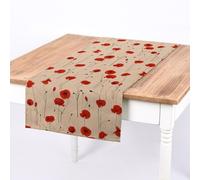SCHÖNER LEBEN. Chemin de table aspect lin Motif coquelicots Rouge naturel 40 x 160 cm