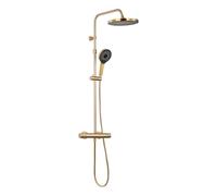 SCHÖNER WOHNEN Système de douche GLAIA avec thermostat, 3 types de jet, or mat, robinetterie de douche set complet avec douche à effet pluie h. 118.5 cm, diamètre pommeau de douche 25.5 cm