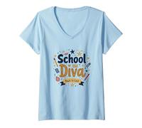School Diva Back to Cool Girls Student Queen Starry Crayons T-Shirt avec Col en V, Femme, Bleu Céleste, S