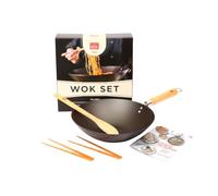School of Wok - Coffret cadeau, wok pré-assaisonné de 30 cm, avec spatule, baguettes et livret de recettes, pour tous les types de plaques de cuisson
