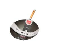 School of Wok Wok à fond plat en acier au carbone pré-assaisonné de 30 cm avec poignée en bambou
