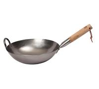 School of Wok Wok artisanal en acier au carbone non revêtu de 30 cm, fond rond authentique, poignée en hêtre, pour 2 à 3 personnes