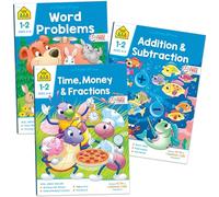 School Zone Math 3-Pack Workbook Set: 192 Pages, 1st Grade, 2nd Grade, Word Problems, Addition, Subtraction, Time, Money, Fractions, Place Value, Fact Families, Ages 6-8