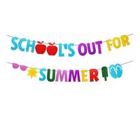 School's Out for Summer Banderole - Guirlande colorée à paillettes - Cadeaux pour le dernier jour d'école pour les enfants - Fête de remise de diplôme - Piscine de plage - Décoration de vacances