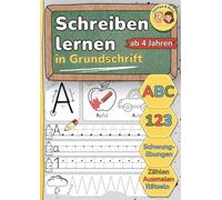 Schreiben lernen in Grundschrift - ABC, 0-9, Schwungübungen und Rätsel für Kinder ab 4 Jahren: Übungsheft für Vorschule & 1. Klasse - Buchstaben, Zahlen, Schwungübungen und Ausmalbilder