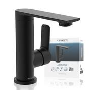 Schütte Arizona - Robinet Lavabo Salle de Bain, Bec Pivotant 360° | Mitigeur monocommande lavabo noir mat, bonde pop-up incluse, fixation rapide, design angulaire, tuyaux flexibles 400 mm