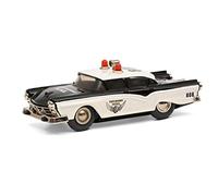Schuco 450176000 Micro Racer Fairlane Police 1045/1 Voiture Miniature avec lumières rotatives et Haut-parleurs sur Toit moulé sous Pression avec Moteur à remonter, Noir/Blanc, boîte fermée avec