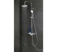 SCHÜTTE Aquastar Ensemble de douche à effet pluie avec étagère, système de douche avec douchette réglable en 5 positions, colonne de douche avec pommeau de douche, ensemble de douche en chrome/blanc