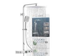 Schütte Ocean Système Thermostat et étagère en Verre - Set 30 x 30 cm, Effet Pluie avec Support Mural et pommeau Panneau Colonne de Douche en Chrome/Blanc 60530