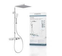 Schütte Ocean Système Thermostat et étagère en Verre - Set 30 x 30 cm, Effet Pluie avec Support Mural et pommeau Panneau Colonne de Douche en Chrome/Blanc 60530